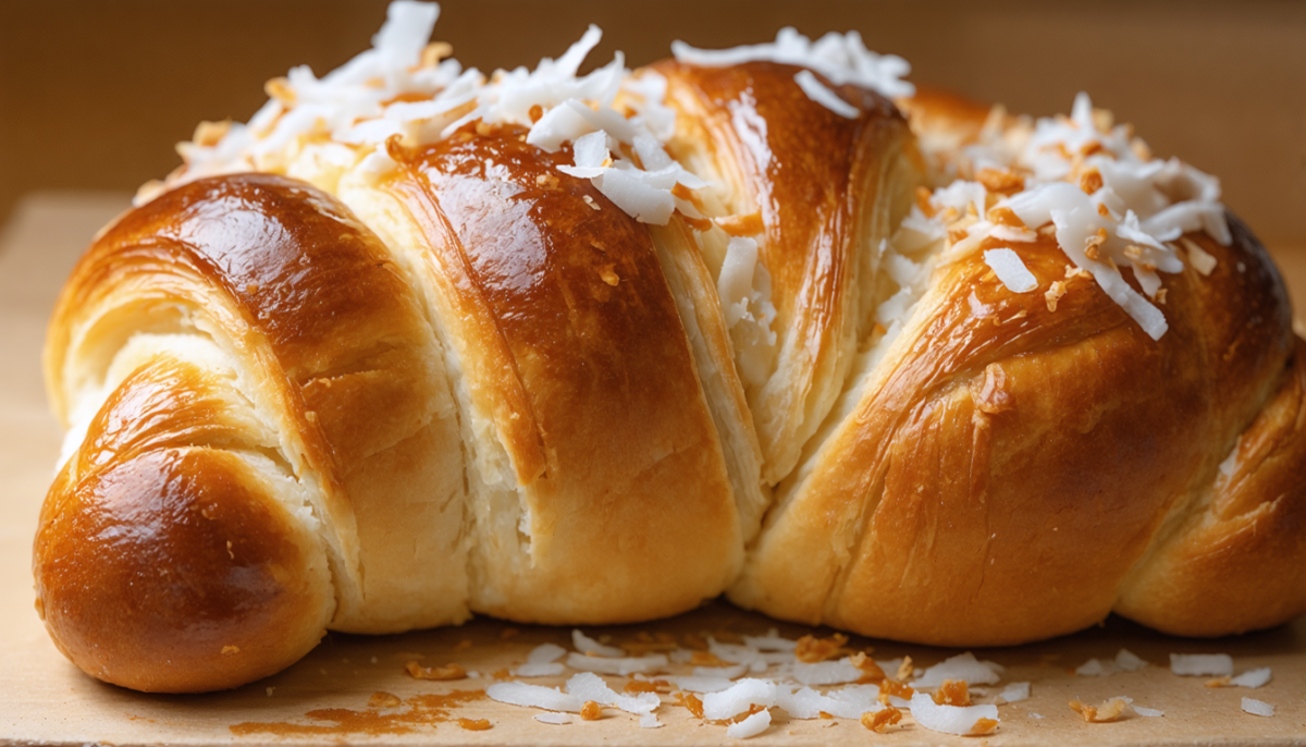 découvrez notre délicieuse brioche roulée, moelleuse et parfumée à la noix de coco, parfaite pour un petit-déjeuner gourmand ou une pause sucrée.