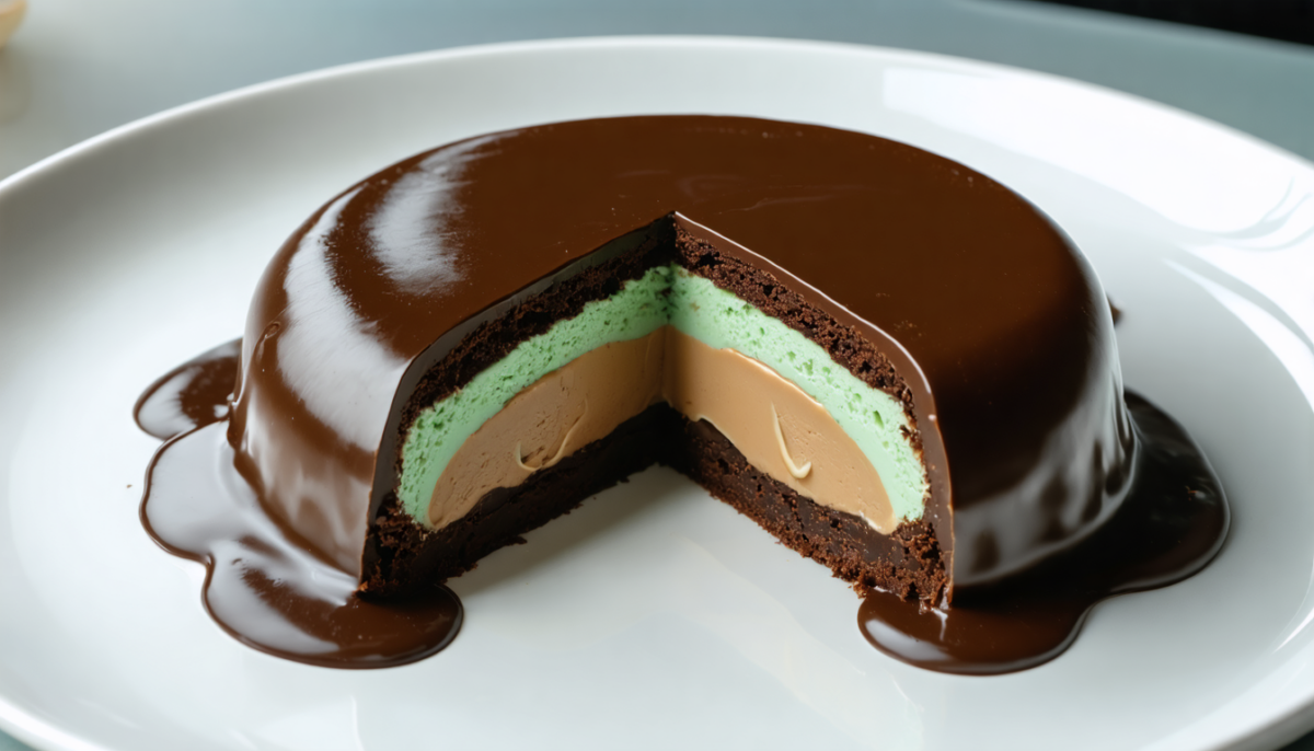savourez notre délice fondant chocolat-menthe, garni d'un cœur onctueux au beurre de cacahuète pour une explosion de saveurs irrésistible.