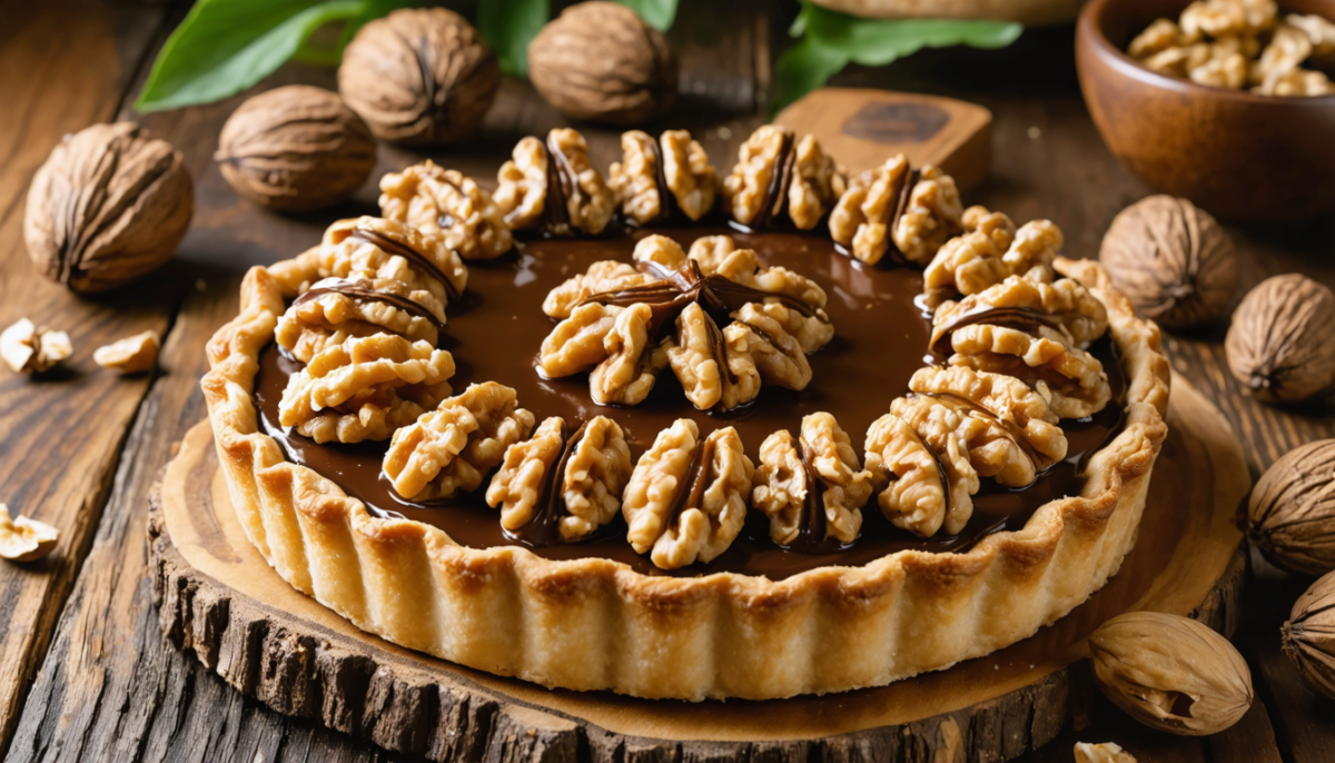découvrez notre tarte chocolat-noix irrésistible, riche en saveurs gourmandes et fondante grâce au beurre de cacao. un délice parfait pour les amateurs de douceurs authentiques.