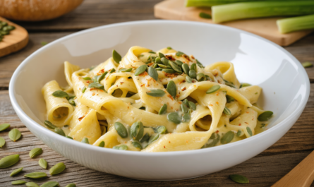 découvrez une recette végétalienne savoureuse : des pâtes onctueuses à la crème de poireau, agrémentées d'éclats croquants de graines de courge pour un plat gourmand et sain.
