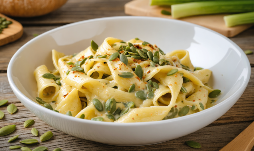 Délice vegan : Pâtes onctueuses à la crème de poireau et éclats de graines de courge