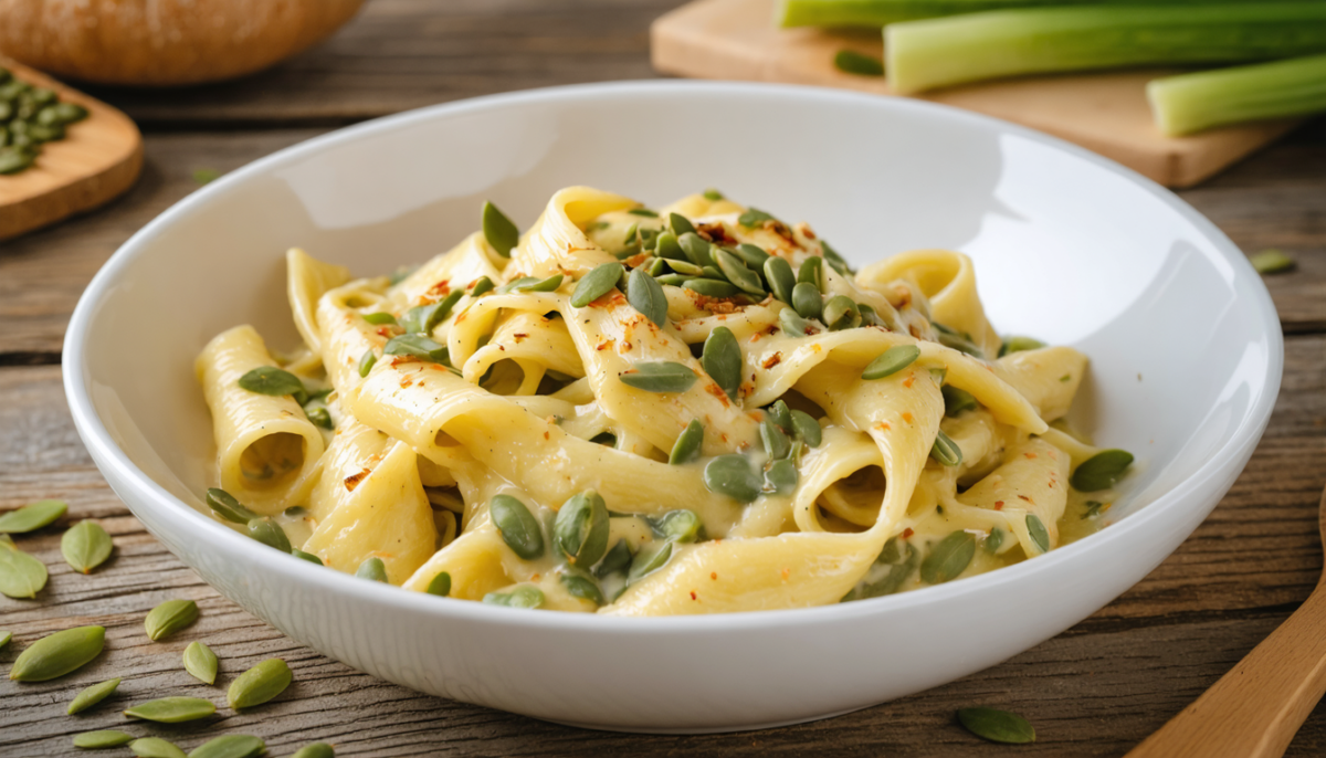 découvrez une recette végétalienne savoureuse : des pâtes onctueuses à la crème de poireau, agrémentées d'éclats croquants de graines de courge pour un plat gourmand et sain.