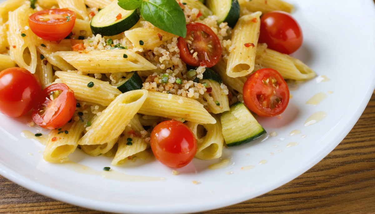 savourez nos pâtes au quinoa, délicatement mêlées à des tomates fraîches et des courgettes croquantes pour un repas sain et gourmand.