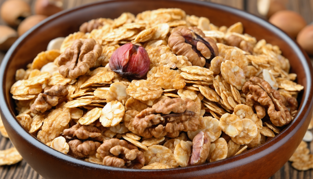 découvrez notre muesli aux 5 céréales, enrichi d'éclats de noisettes et de morceaux de noix, pour un petit-déjeuner croquant, savoureux et nutritif.