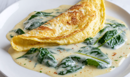 découvrez une recette savoureuse d'omelette moelleuse servie avec des blettes onctueuses à la crème, idéale pour un repas gourmand et réconfortant.