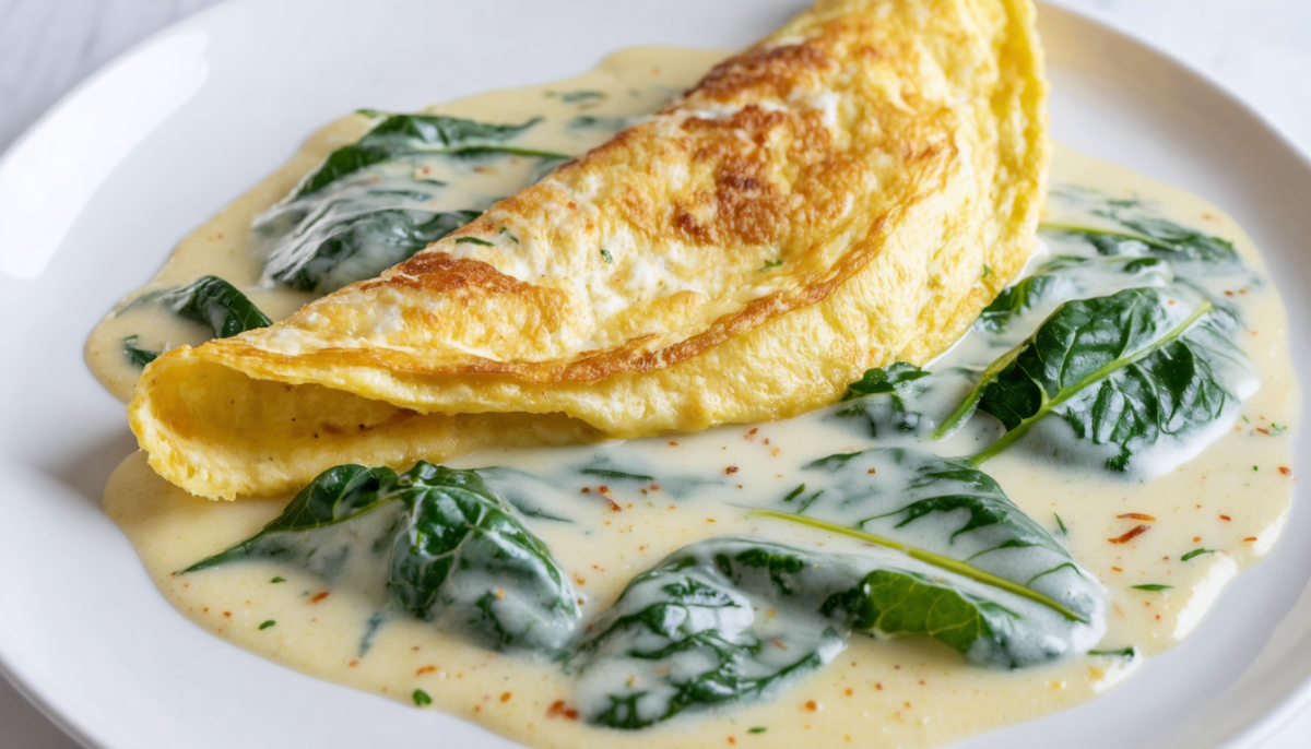 découvrez une recette savoureuse d'omelette moelleuse servie avec des blettes onctueuses à la crème, idéale pour un repas gourmand et réconfortant.
