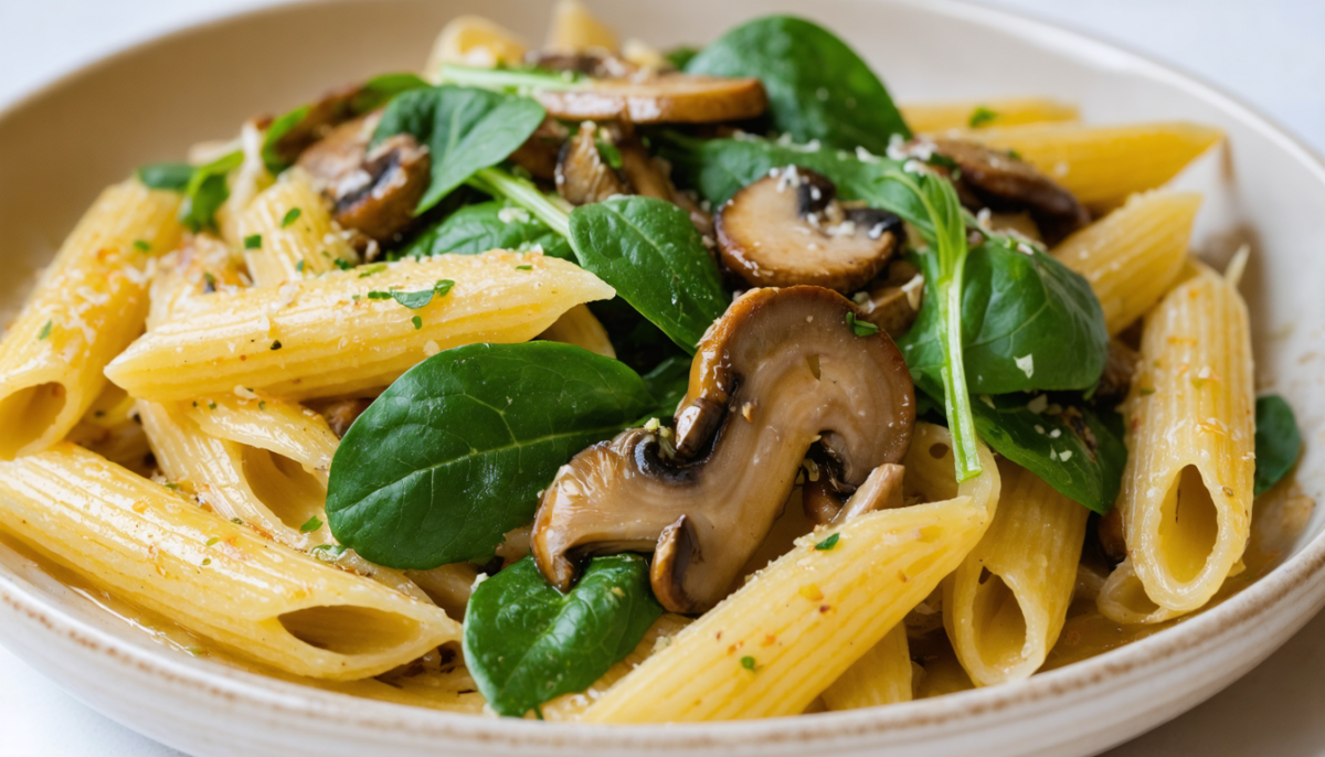 découvrez notre recette de penne savoureuses aux épinards frais et champignons délicats, idéale pour profiter des pâtes de saison avec des ingrédients frais et naturels.