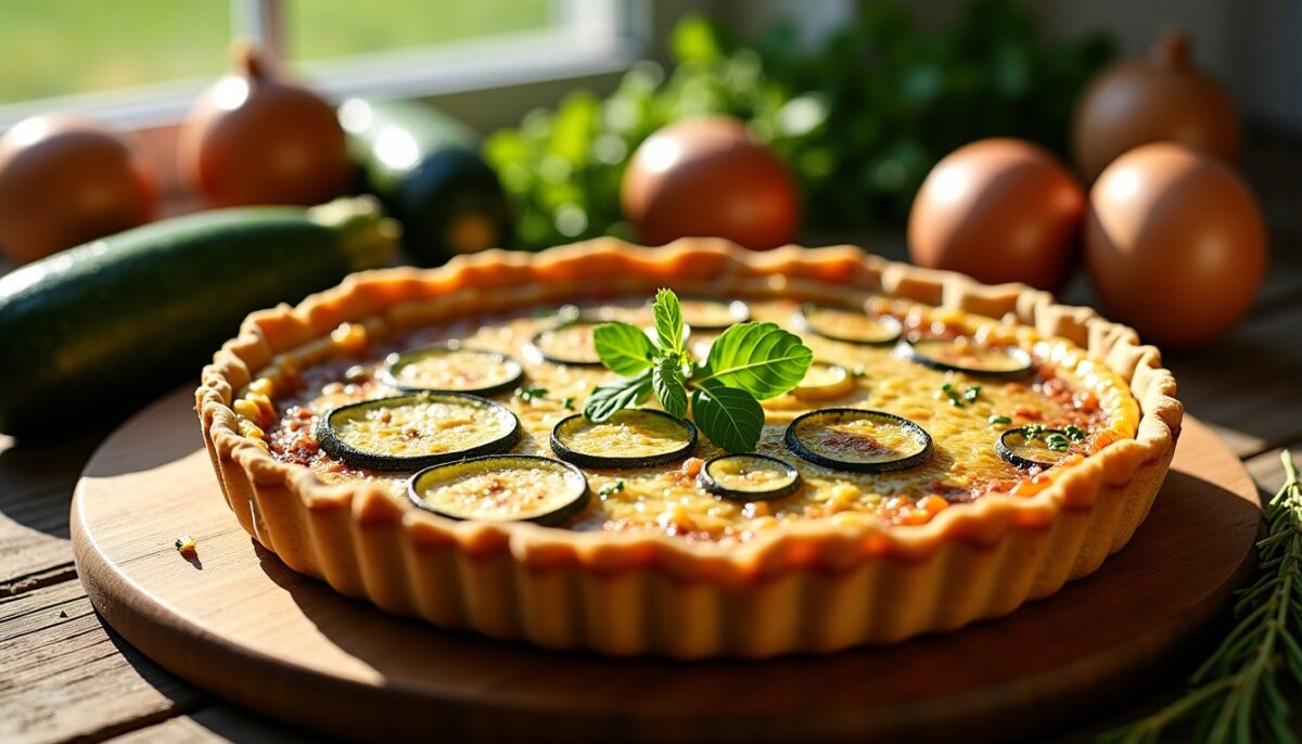 Délicieuse quiche sans pâte aux courgettes et oignons fondants