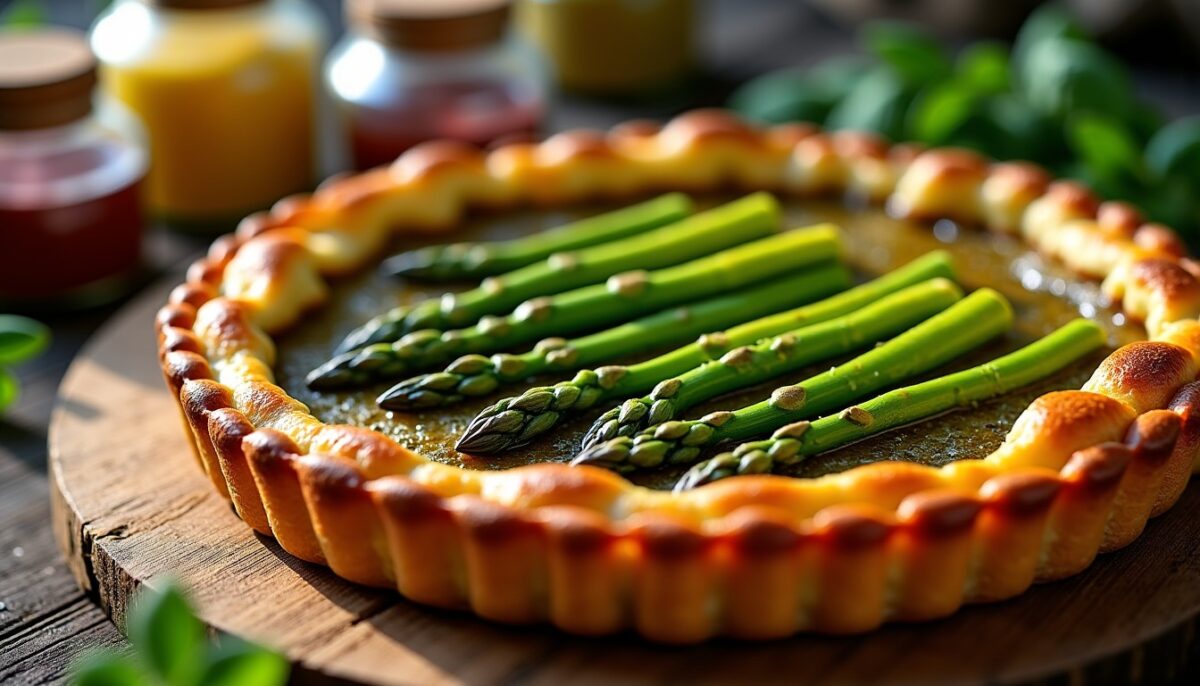 Délicieuse tarte croustillante à l'asperge fraîche et au parfum subtil de moutarde