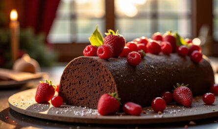 Délice festif : Bûche aux fruits rouges enrobée de croustillant au chocolat