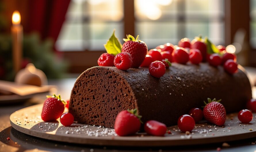 Délice festif : Bûche aux fruits rouges enrobée de croustillant au chocolat