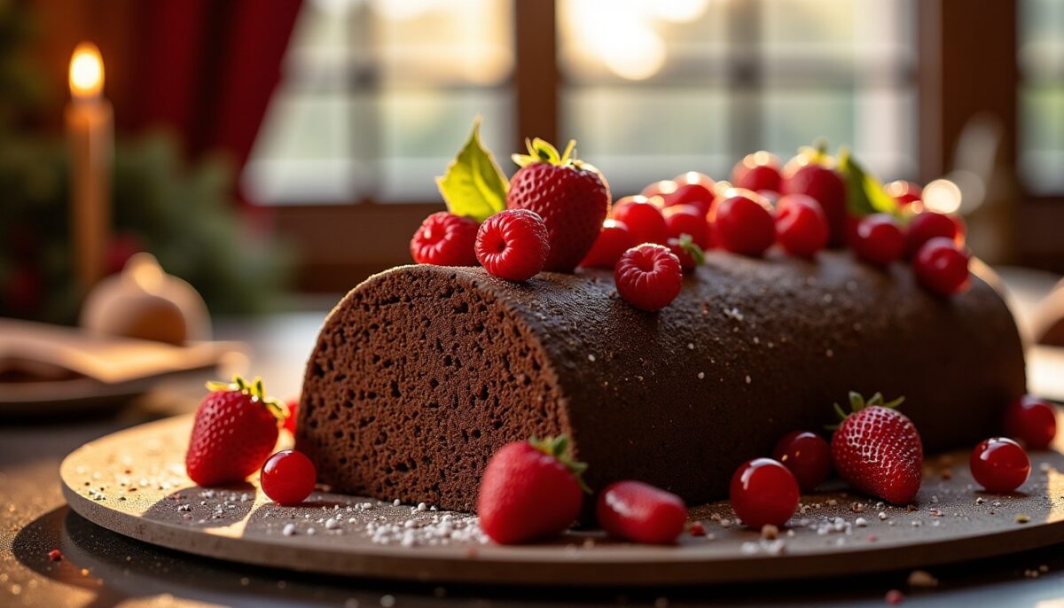 Délice festif : Bûche aux fruits rouges enrobée de croustillant au chocolat